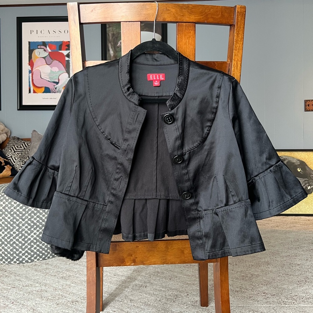 Elle Black Blazer with Ruffle Sleeves and Peplum Hem